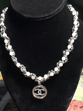 CC Silver-Tone Chain Necklace with White Beads and Interlocking Logo Pendant